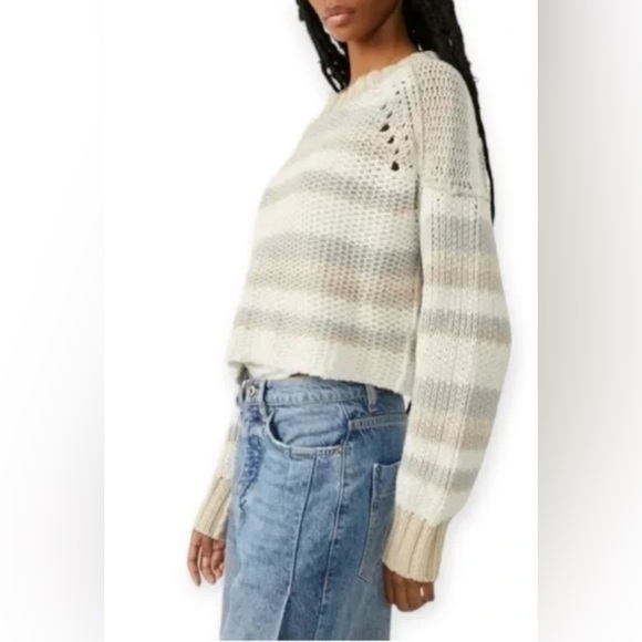 NWT Free People Devon cropped open knit sweater stripes natural colors size M - Picture 3 of 9